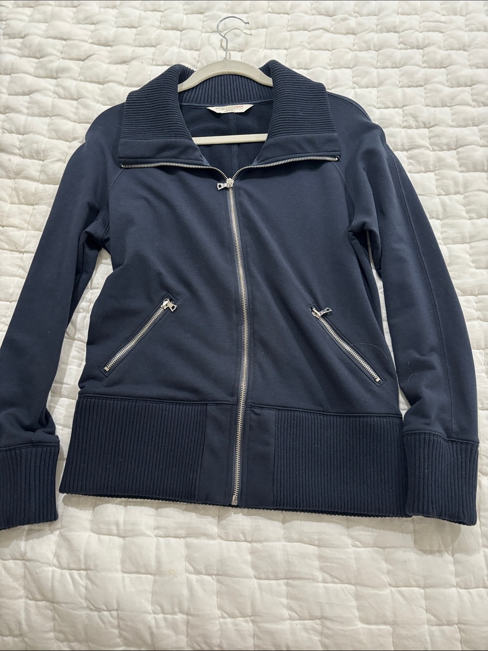 Boston Proper Navy Rib-Trim Zip Jacket Gem Embellished